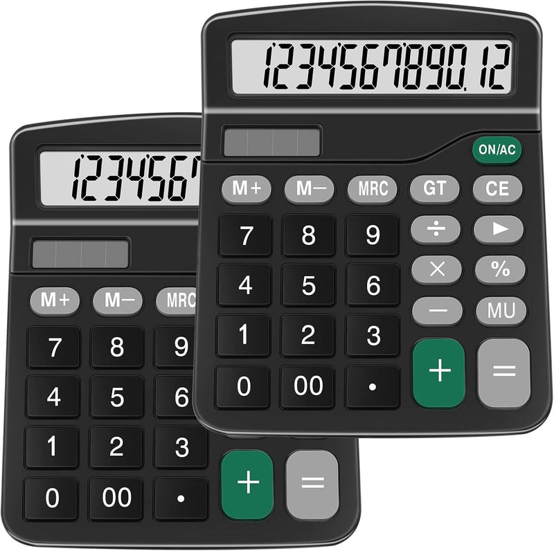 Splaks Calculators, 2 Pack Standard Functional Desktop Calculators Sola and AA Battery Dual Power Electronic Basic Calculator with 12-Digit Large Display for Office, Home, School (2 Black) - Image 1